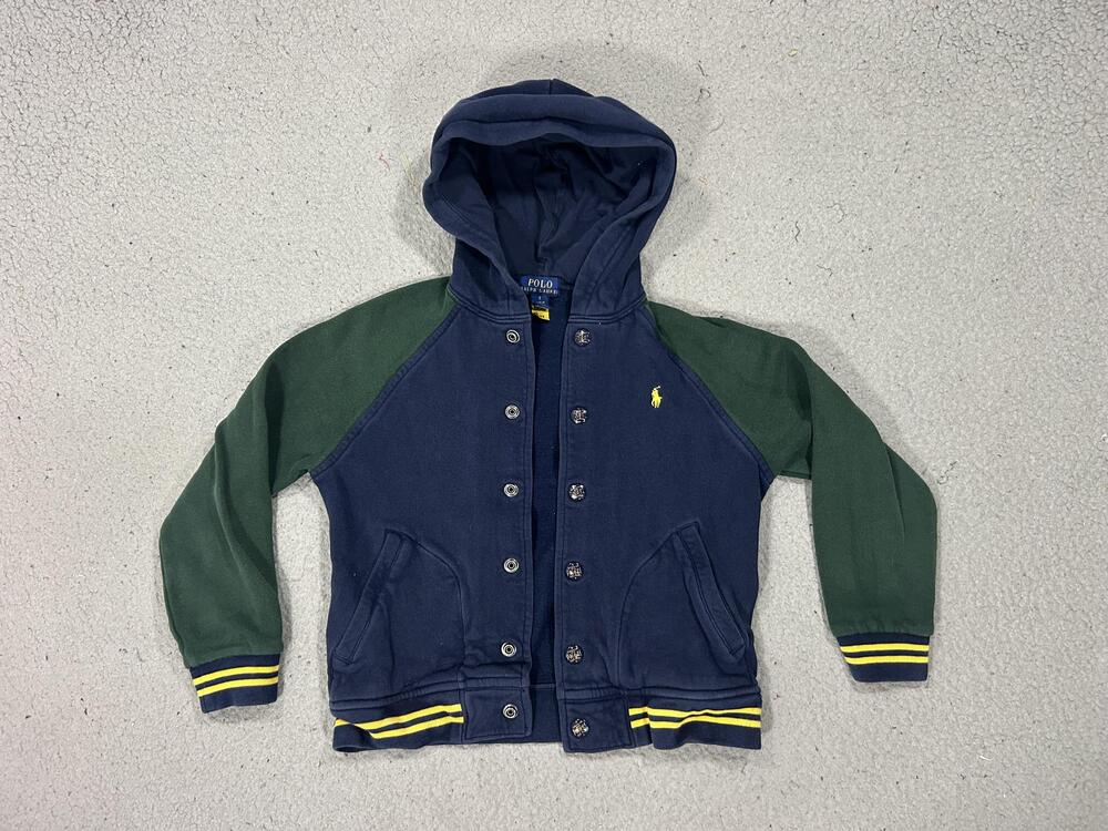 Polo Ralph Lauren Jacket Kids 7 Blue Green Fleece Hooded Varsity Snap Logo